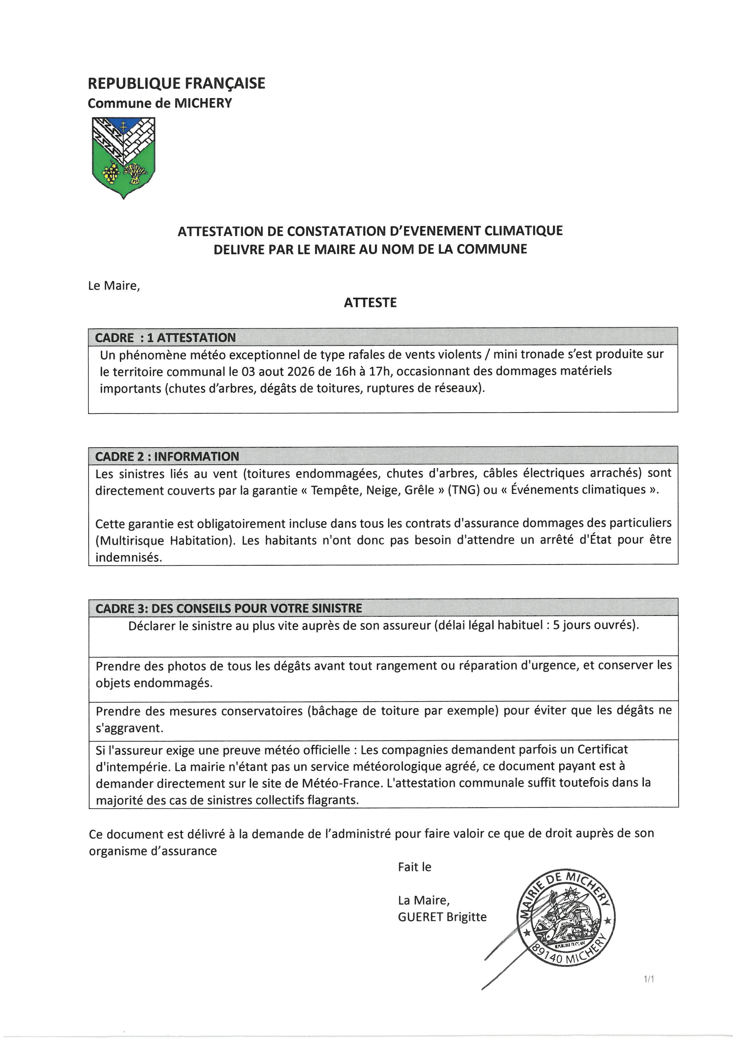 Attestation évènement climatique du 03 août 2026